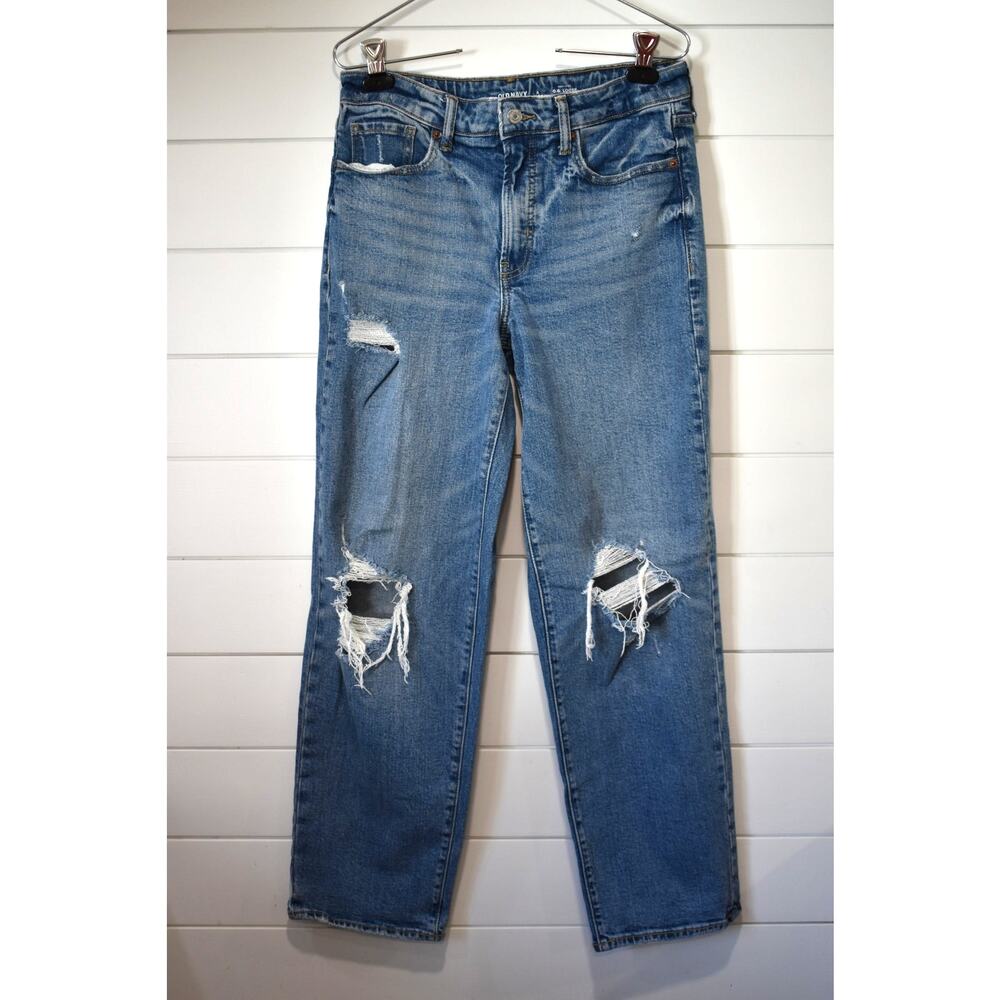 Old Navy Ripped Distressed Jeans Sz 8 High Rise O.G. Loose Denim Smooth Pockets